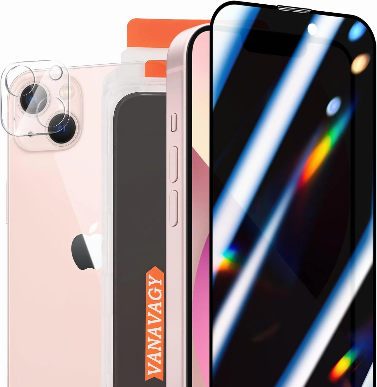 VANAVAGY 2 Pack Privacy Glass Screen Protector for iPhone 13, [2 Pack Camera Lens Protector] [Easy Installation] Plating Film with Frame Full Coverage Case for Apple 13