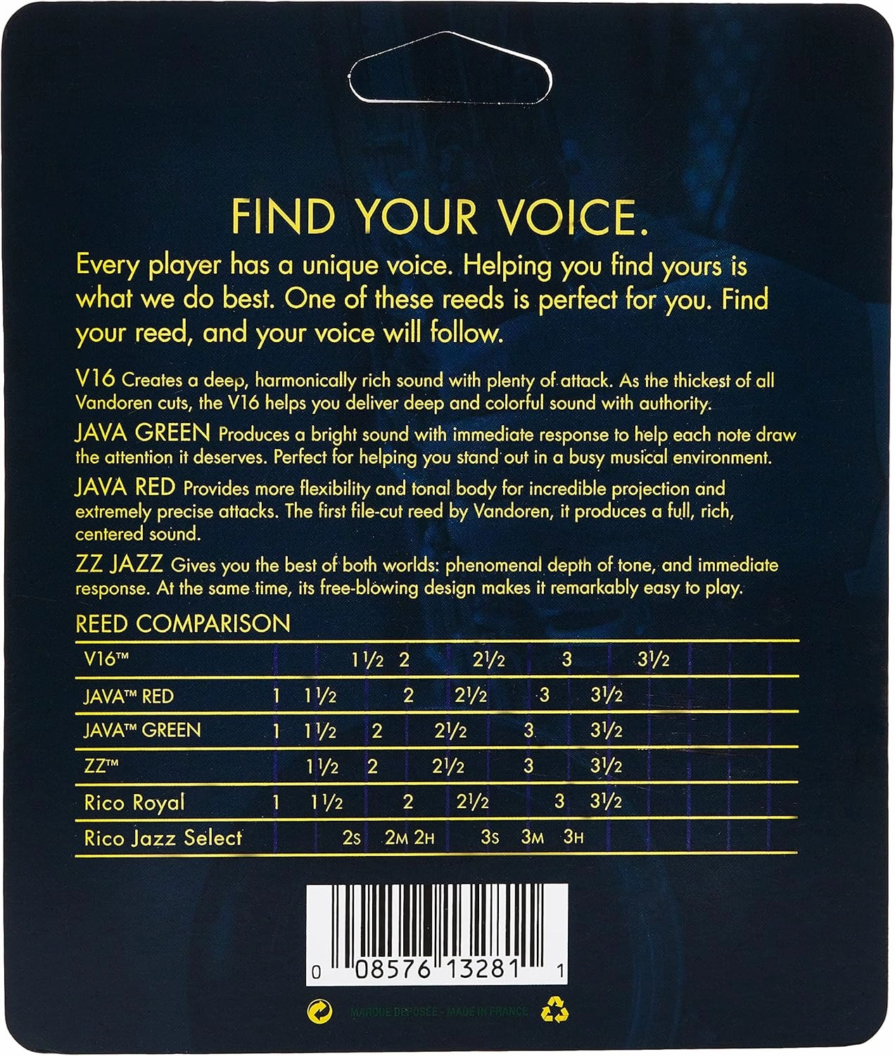 Vandoren SRMIXA25 Alto Sax Jazz Reed Mix Card includes 1 each ZZ, V16, JAVA and JAVA Red Strength 2.5