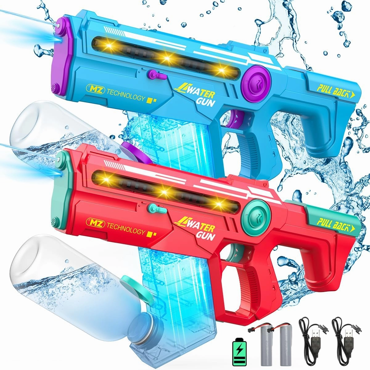 VATOS 2 Pack Electric Water Gun for Adults & Kids, Light Up Automatic & Manual Squirt Gun, 32 FT Range Super Water Blaster 1200CC Large Capacity, Summer Outdoor Water Toy for Beach Swimming Pool Party