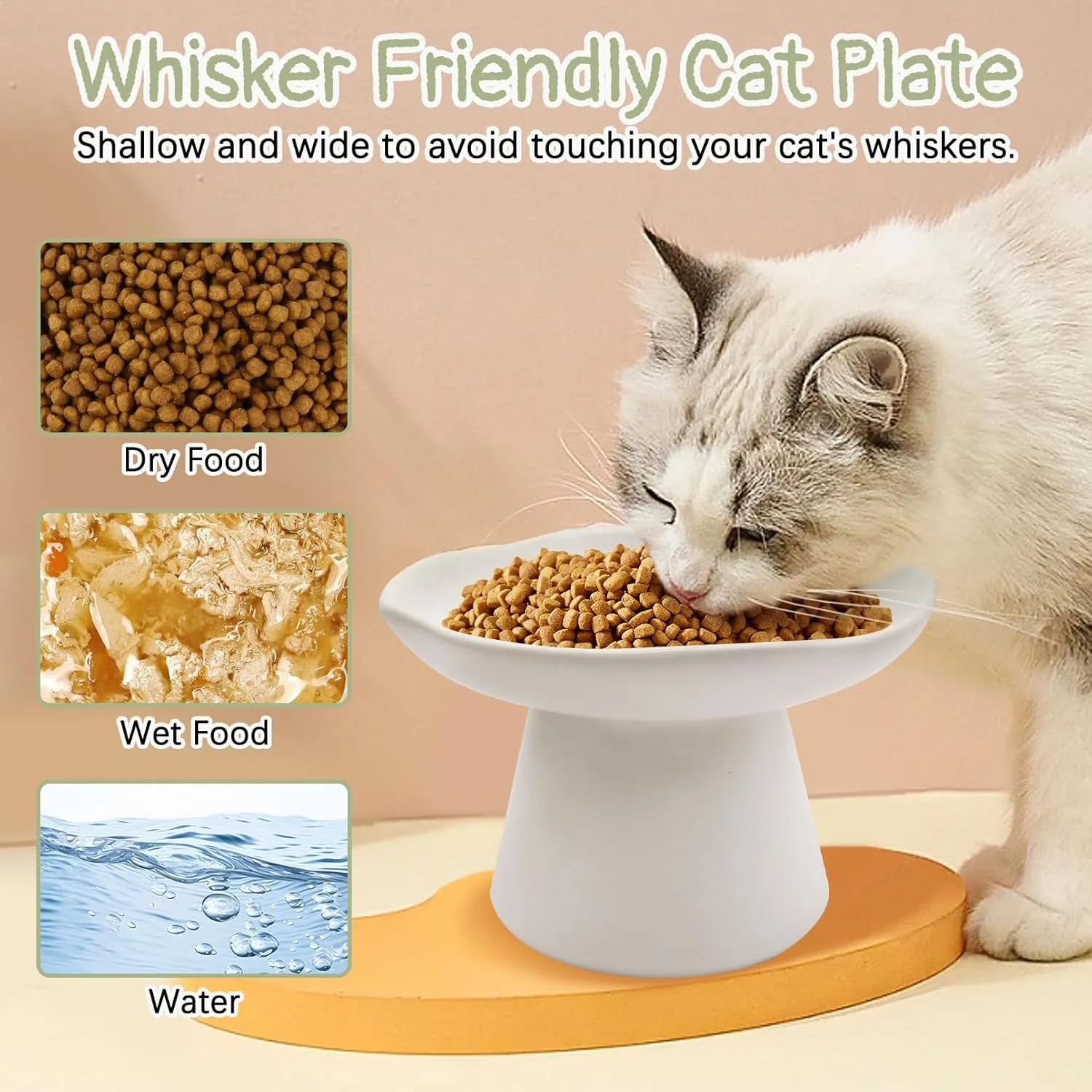 VCEPJH Raised Cat Food Bowls Shallow Cat Plate Ceramic Elevated Cats Dish 6.1in Flat Anti Whisker Fatigue Wide Pet Food & Water Feeder for Indoor Kitty Kitten (White)