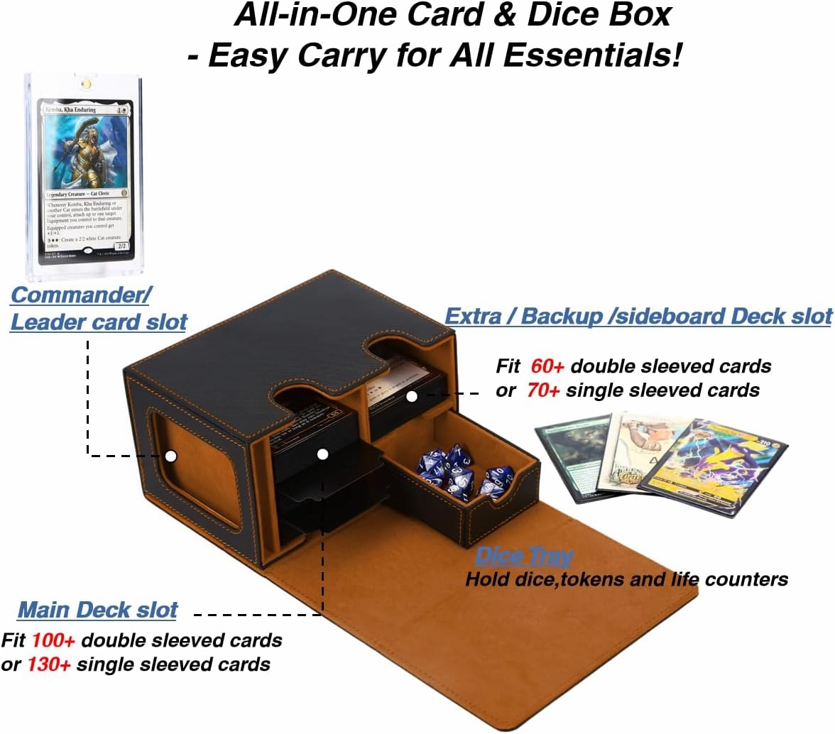 Venssu Storage Box, Commander Deck Box with Dice Tray, Fits 200 Single Sleeved Cards, 2 Dividers, Magnetic Closure, PU Leather, Black & Brown