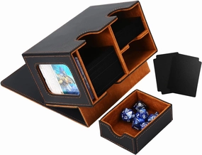 Venssu Storage Box, Commander Deck Box with Dice Tray, Fits 200 Single Sleeved Cards, 2 Dividers, Magnetic Closure, PU Leather, Black & Brown