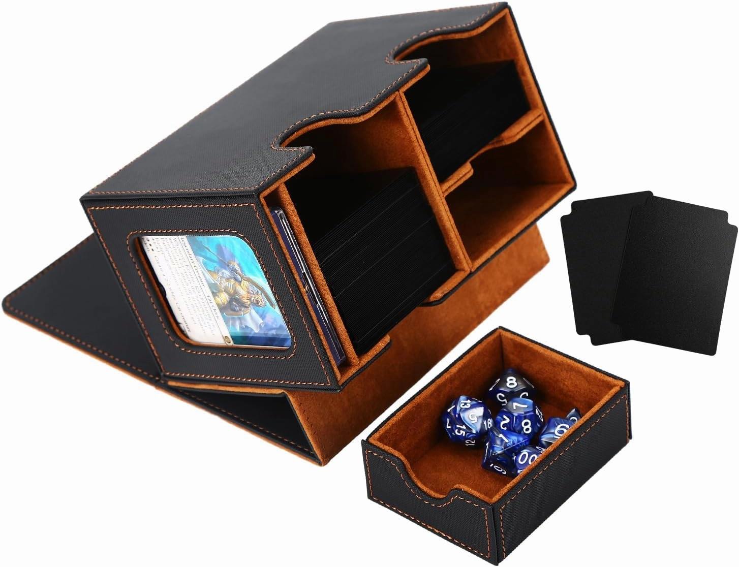 Venssu Storage Box, Commander Deck Box with Dice Tray, Fits 200 Single Sleeved Cards, 2 Dividers, Magnetic Closure, PU Leather, Black & Brown