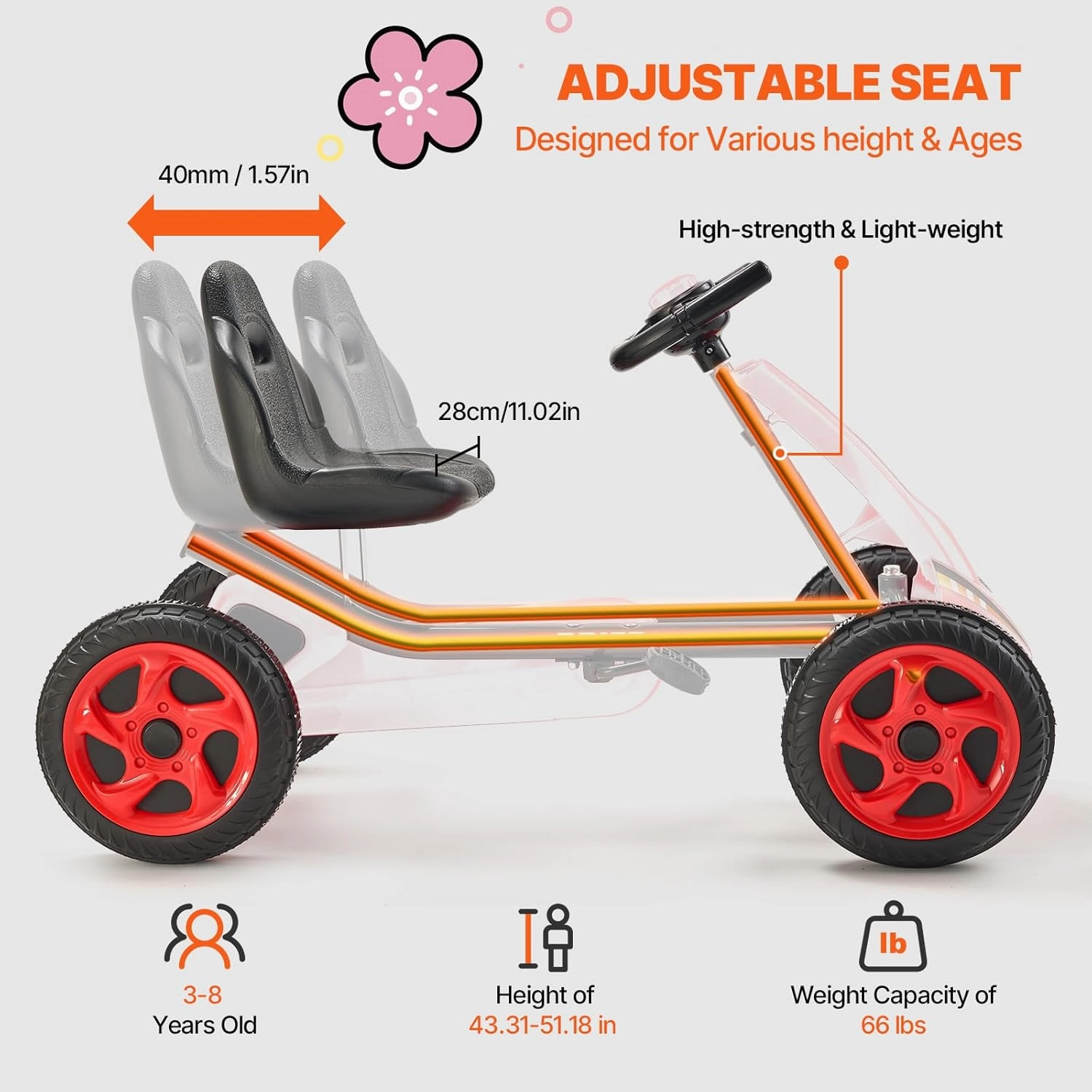 VEVOR Kids Pedal Go Kart, 4 Wheel Off-Road Pedal Go Cart Ride On Toy for Kids, Steering Wheel, Adjustable Seat, Non-Slip Big Wheels, Outdoor Racer Ride On Pedal Car for Boys & Girls Ages 3-8, Red