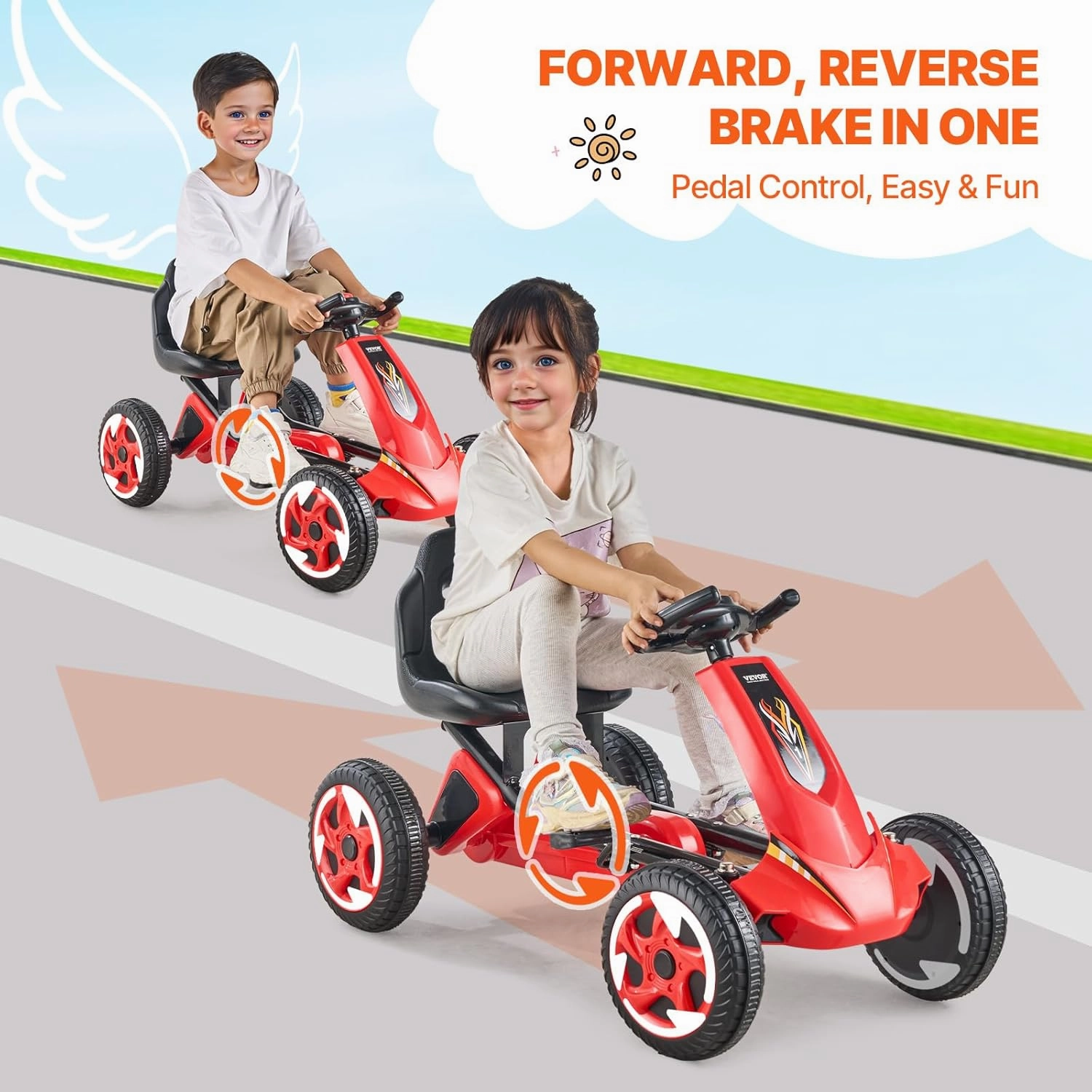 VEVOR Kids Pedal Go Kart, 4 Wheel Off-Road Pedal Go Cart Ride On Toy for Kids, Steering Wheel, Adjustable Seat, Non-Slip Big Wheels, Outdoor Racer Ride On Pedal Car for Boys & Girls Ages 3-8, Red