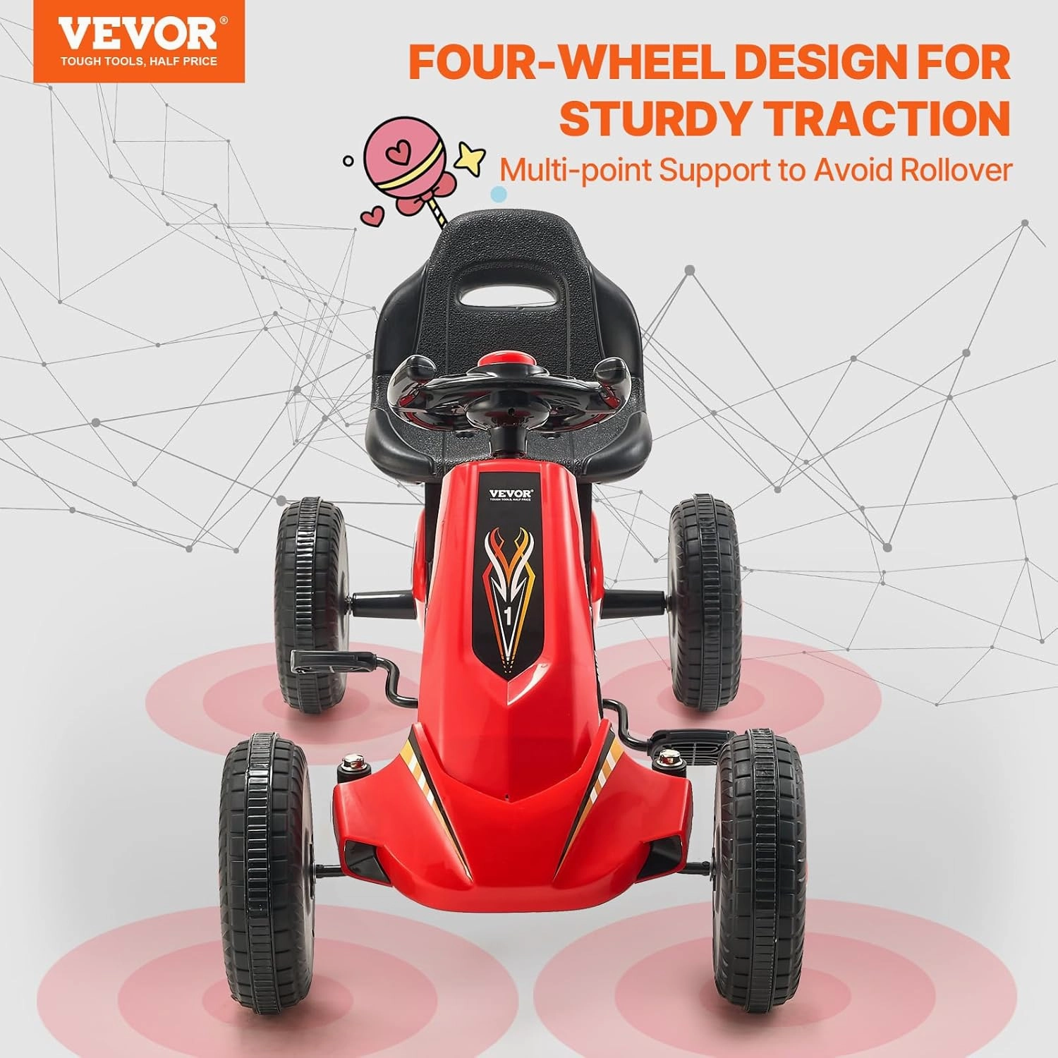 VEVOR Kids Pedal Go Kart, 4 Wheel Off-Road Pedal Go Cart Ride On Toy for Kids, Steering Wheel, Adjustable Seat, Non-Slip Big Wheels, Outdoor Racer Ride On Pedal Car for Boys & Girls Ages 3-8, Red