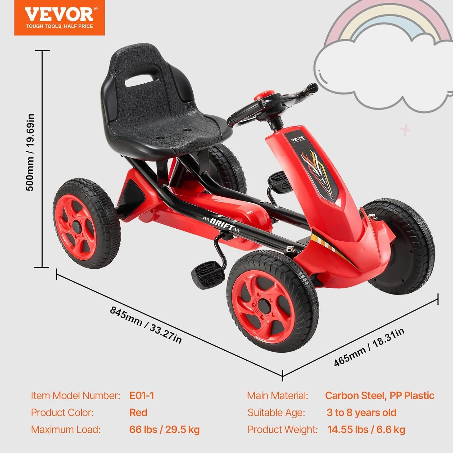 VEVOR Kids Pedal Go Kart, 4 Wheel Off-Road Pedal Go Cart Ride On Toy for Kids, Steering Wheel, Adjustable Seat, Non-Slip Big Wheels, Outdoor Racer Ride On Pedal Car for Boys & Girls Ages 3-8, Red