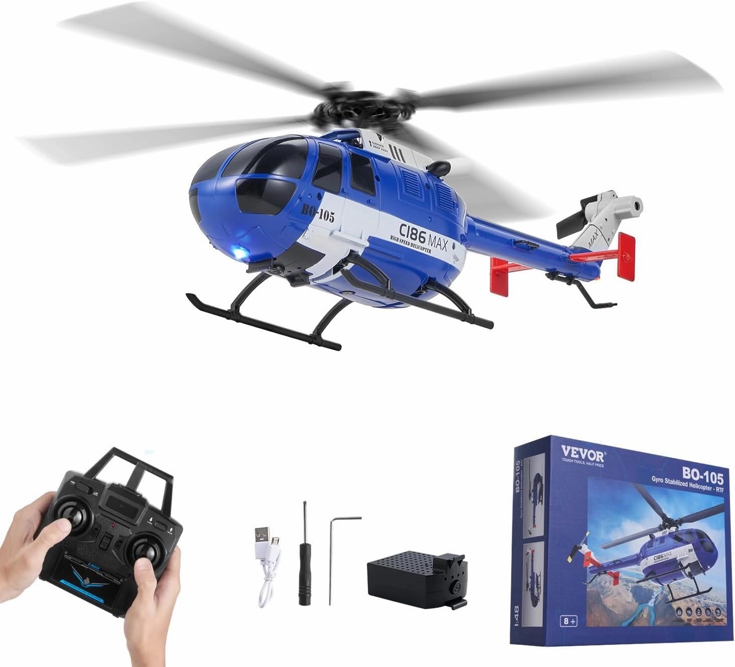 VEVOR RC Helicopter, 2.4GHz 4-Propeller Remote Control Helicopter with 6-Axis Gyro, 4-Channel RC Airplane for Beginner, LED Light & One-Key Takeoff/Landing, Plane Toys for Kids Ages 8 and up