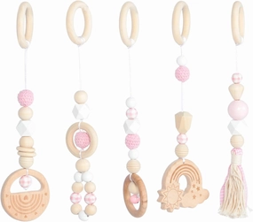 VICASKY 1Set Car Seat Stroller Activity Toy,Baby Sensory Toys Wood Rattle Toys Hanging for Babies 6-12 Months Boys Girls