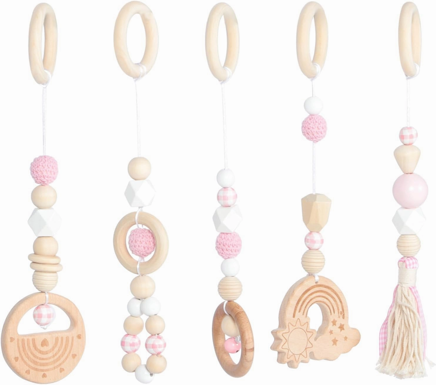 VICASKY 1Set Car Seat Stroller Activity Toy,Baby Sensory Toys Wood Rattle Toys Hanging for Babies 6-12 Months Boys Girls
