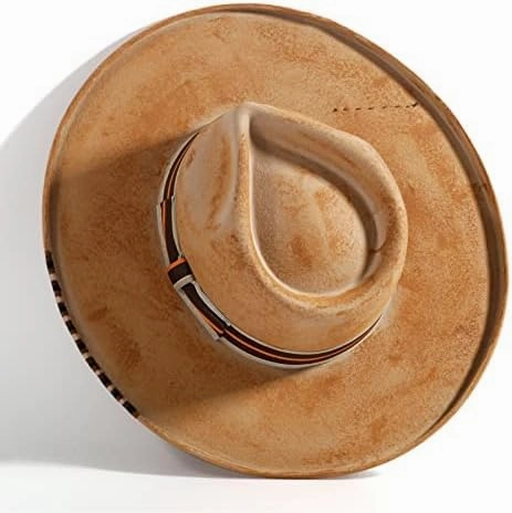 Vintage Pencil Brim Fedora Hats 100% Wool Felt Hat Panama Rancher Hat with Lightning Logo Handmade Distressed/Burned