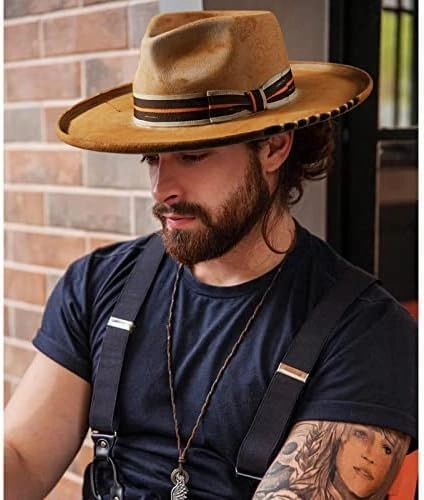 Vintage Pencil Brim Fedora Hats 100% Wool Felt Hat Panama Rancher Hat with Lightning Logo Handmade Distressed/Burned