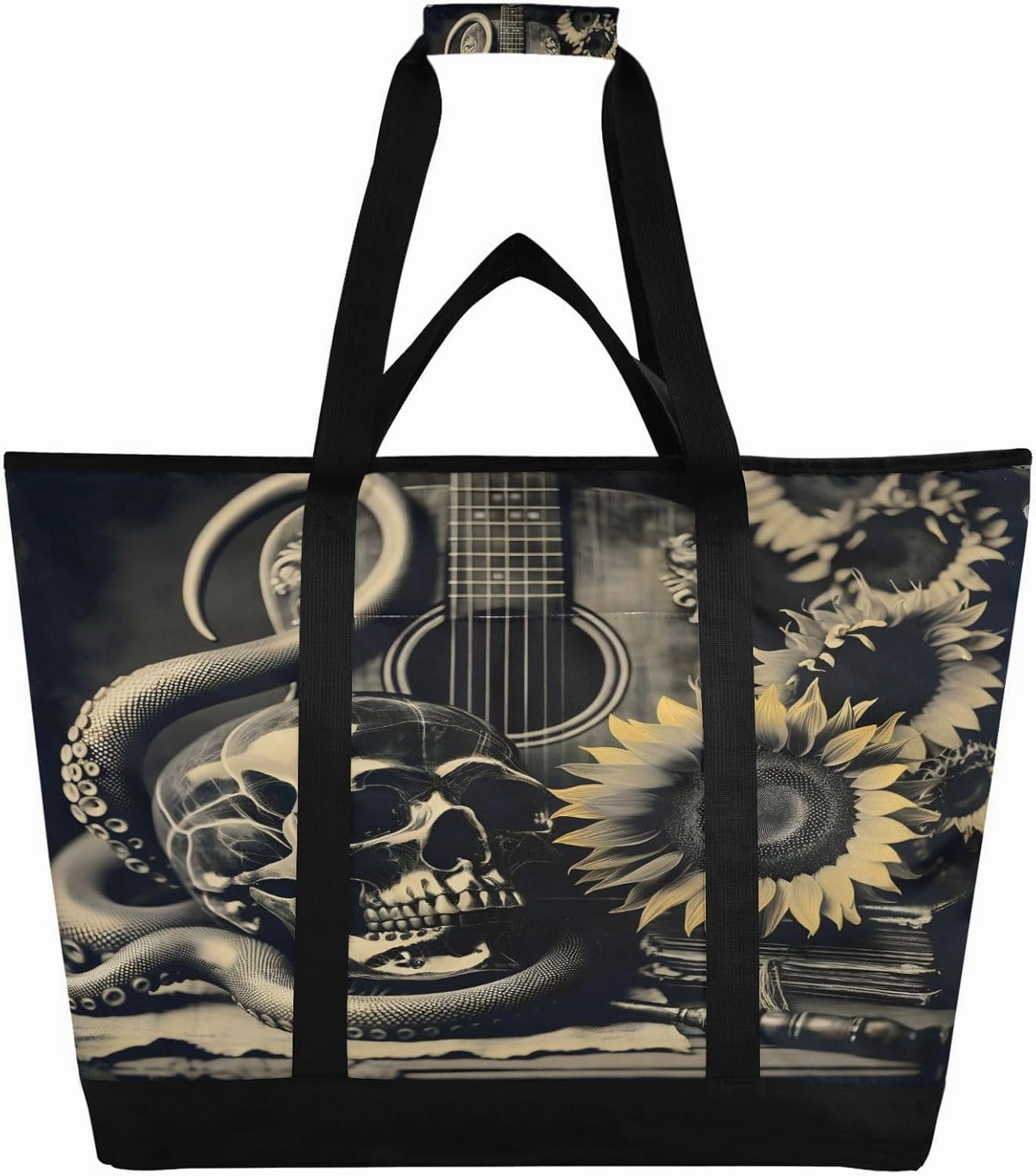 Vintage Skull Sunflower Guitar Reusable Insulated Lunchbox Cooler Bag, Leakproof Kitchen Grocery Bag Collapsible Portable Cooler Tote Bag for Picnic, Camping, Office, Travel