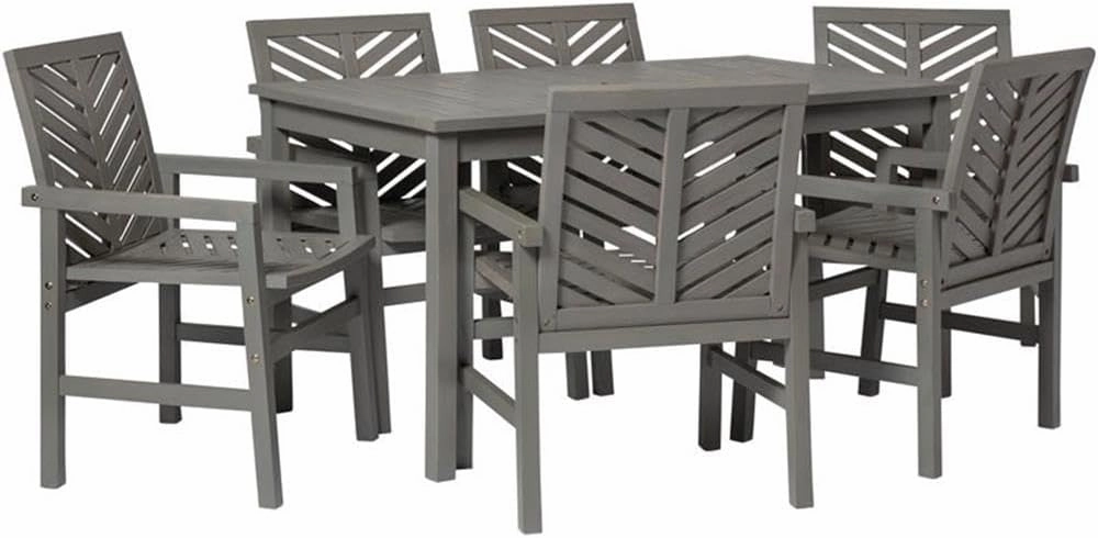 Walker Edison 6 Person Outdoor Wood Chevron Patio Furniture Dining Set Table Chairs All Weather Backyard Conversation Garden Poolside Balcony, 7 Piece, Grey