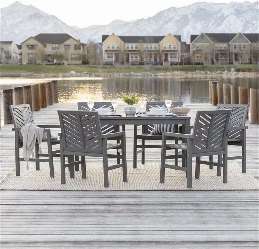 Walker Edison 6 Person Outdoor Wood Chevron Patio Furniture Dining Set Table Chairs All Weather Backyard Conversation Garden Poolside Balcony, 7 Piece, Grey