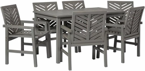 Walker Edison 6 Person Outdoor Wood Chevron Patio Furniture Dining Set Table Chairs All Weather Backyard Conversation Garden Poolside Balcony, 7 Piece, Grey