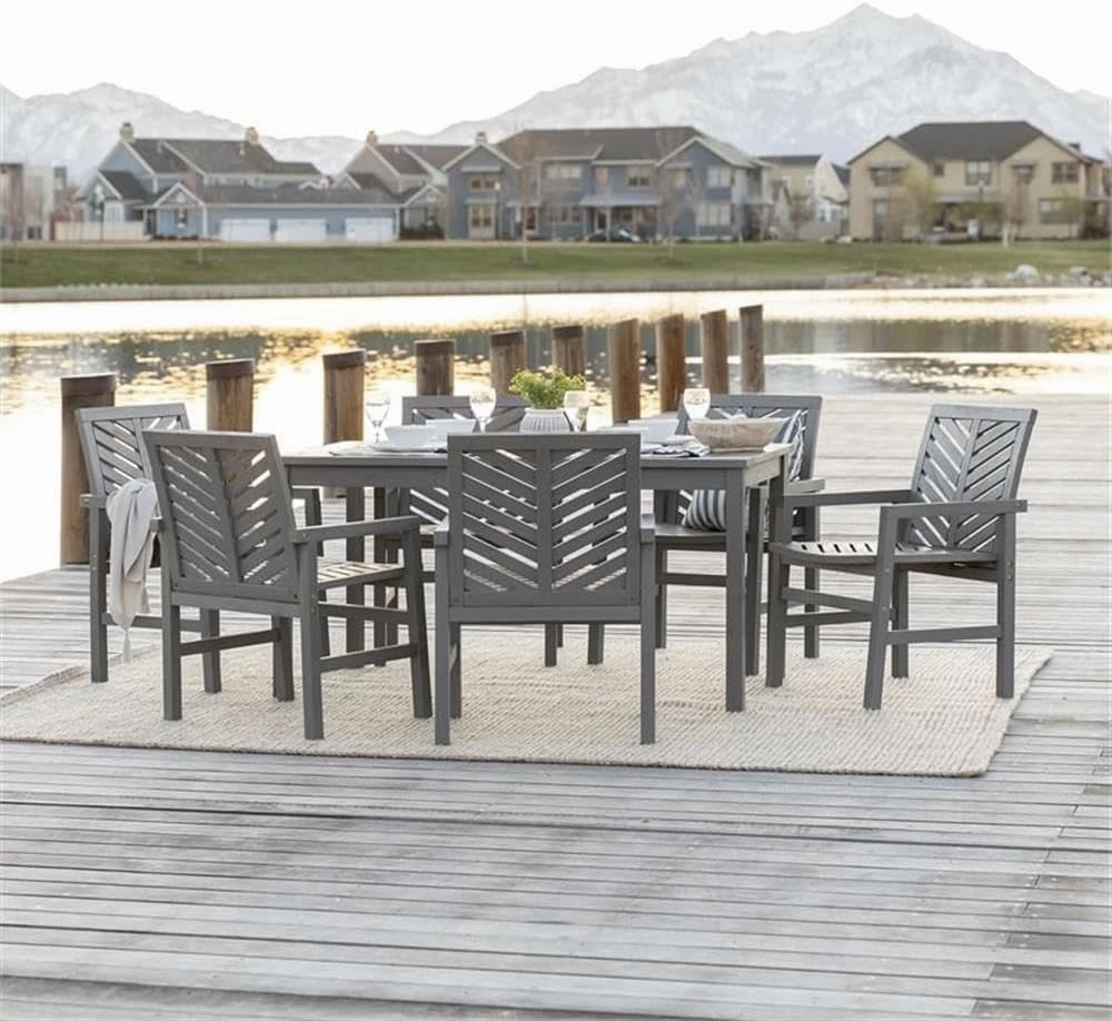Walker Edison 6 Person Outdoor Wood Chevron Patio Furniture Dining Set Table Chairs All Weather Backyard Conversation Garden Poolside Balcony, 7 Piece, Grey