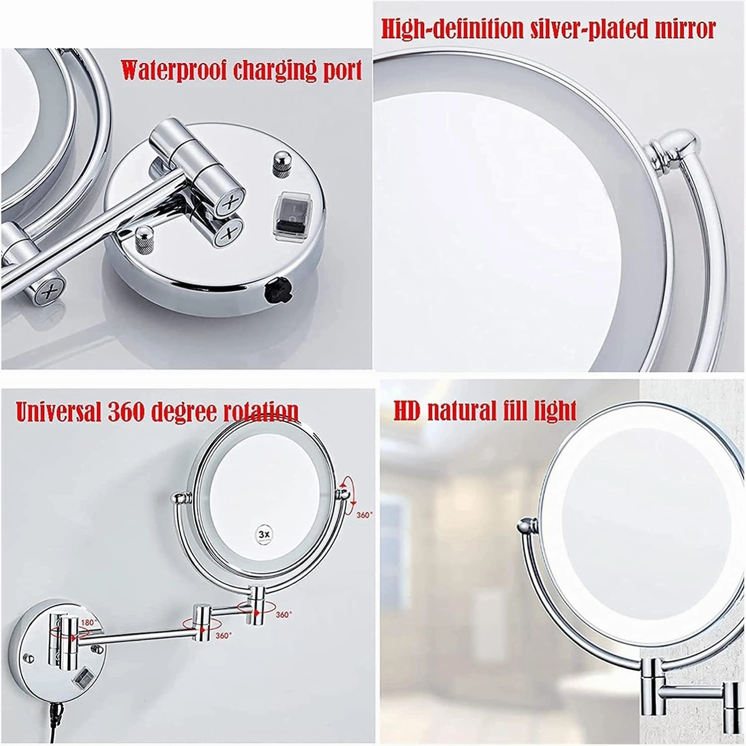 Wall Mounted Makeup Mirror - 3/5/7/10x Magnification 8'' Two-Sided Swivel Extendable Bathroom Mirror, USB Rechargeable, Upgrade Version Cosmetic Mirror(C,10X)