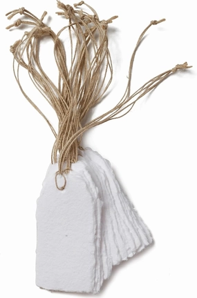 Wanderings Handmade White Deckled Edge Tags with Attached String - only 3.75" x 1.75” - Pack of 25 - Ideal for Gifts, Price Tags, Arts and Crafts Place Cards Christmas - Thick 150 GSM