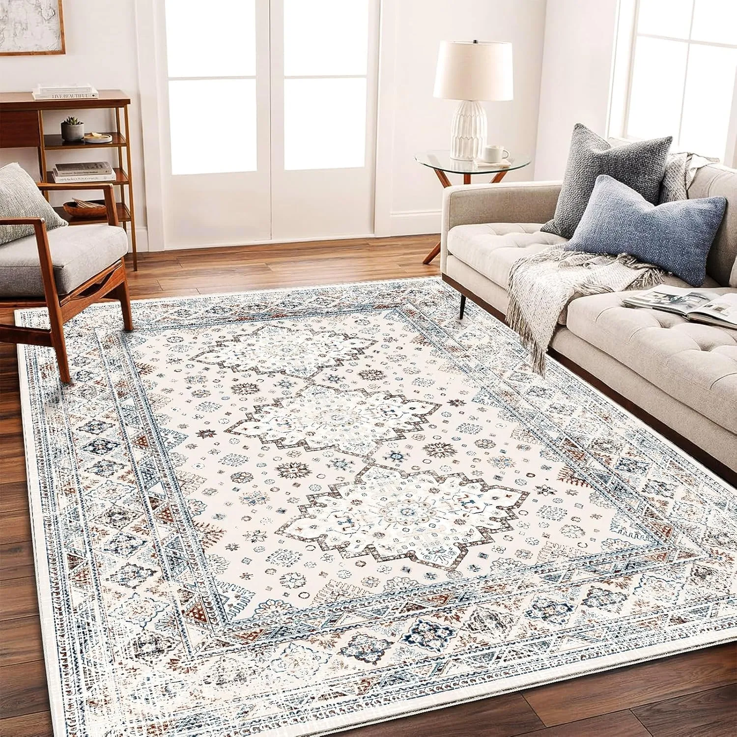 Washable Area Rug 8x10 Retro Flowers Boho Design Non-Shedding Easy Care Ideal for High Traffic Areas in Living Room Bedroom Office Coffee Table Kitchen Large Carpet