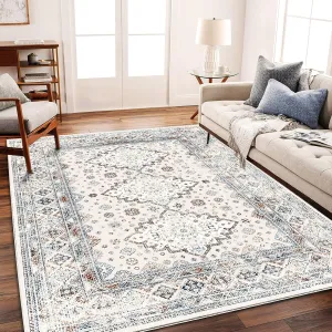 Washable Area Rug 8x10 Retro Flowers Boho Design Non-Shedding Easy Care Ideal for High Traffic Areas in Living Room Bedroom Office Coffee Table Kitchen Large Carpet