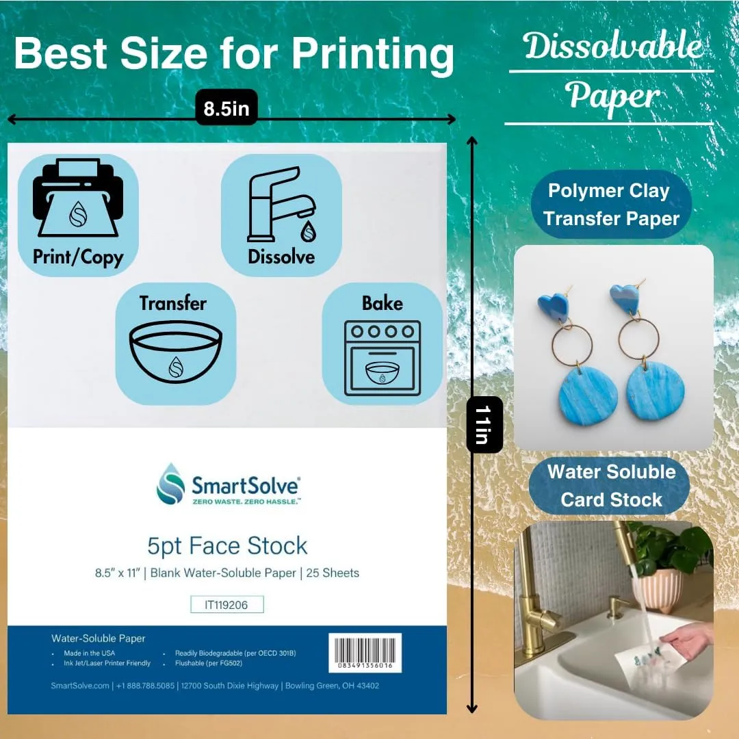 Water-Soluble 5pt CardStock | Dissolves Quickly in Water | Biodegradable | Eco-Friendly | Printable | Craft, Confidential Document, Memorial Letter | 8.5” x 11” | 25 White Sheets