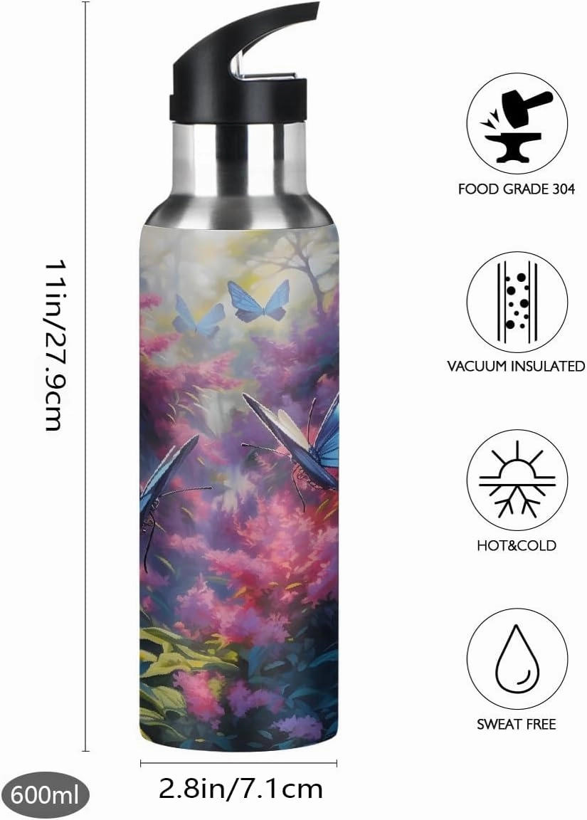 Water Bottle Stainless Steel, Blue Butterfly Pink Grass Insulated Sports Bottle with Straw, BPA Free Reusable Bottles for Fitness, Travel & Outdoor Activities