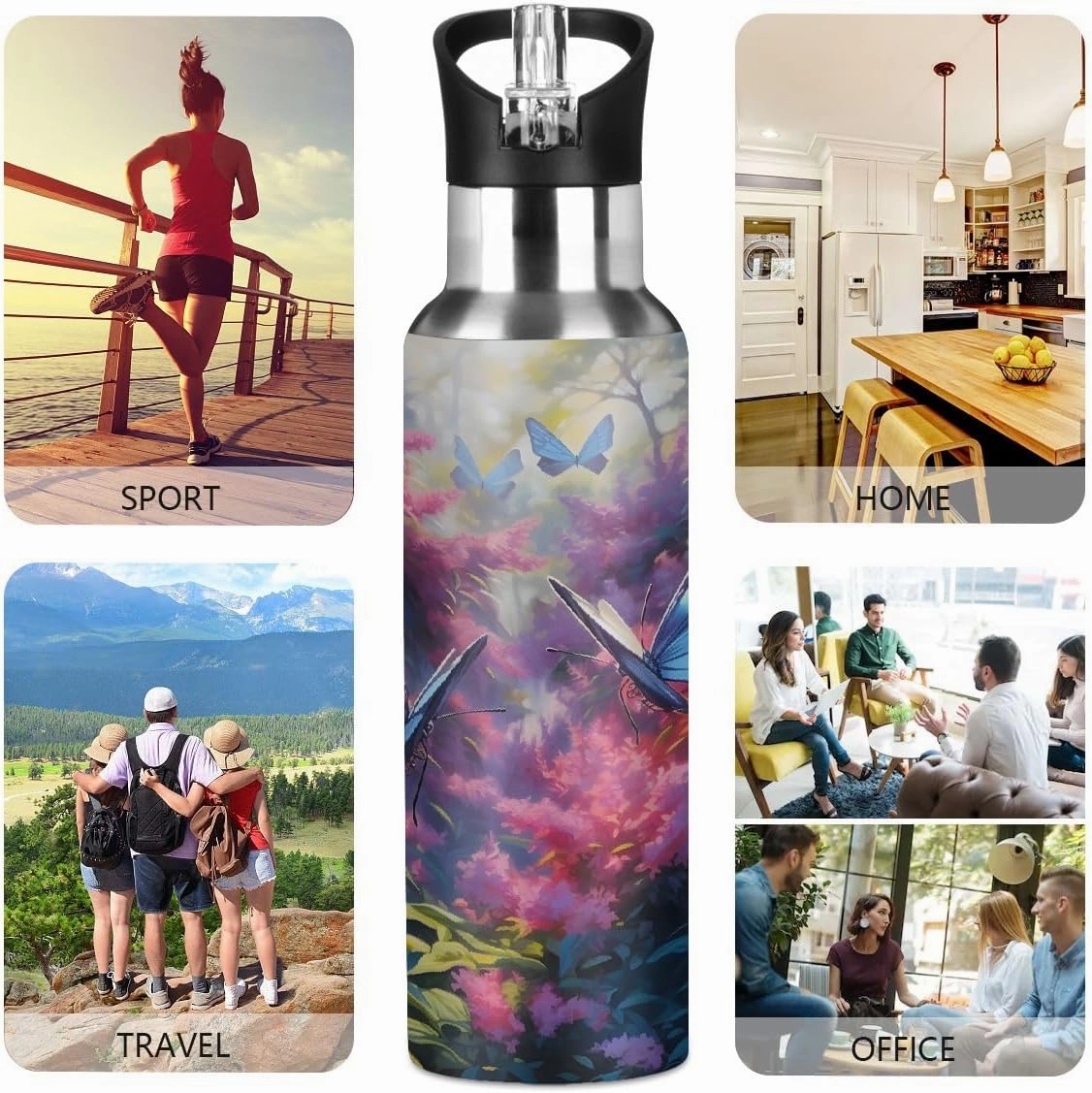 Water Bottle Stainless Steel, Blue Butterfly Pink Grass Insulated Sports Bottle with Straw, BPA Free Reusable Bottles for Fitness, Travel & Outdoor Activities