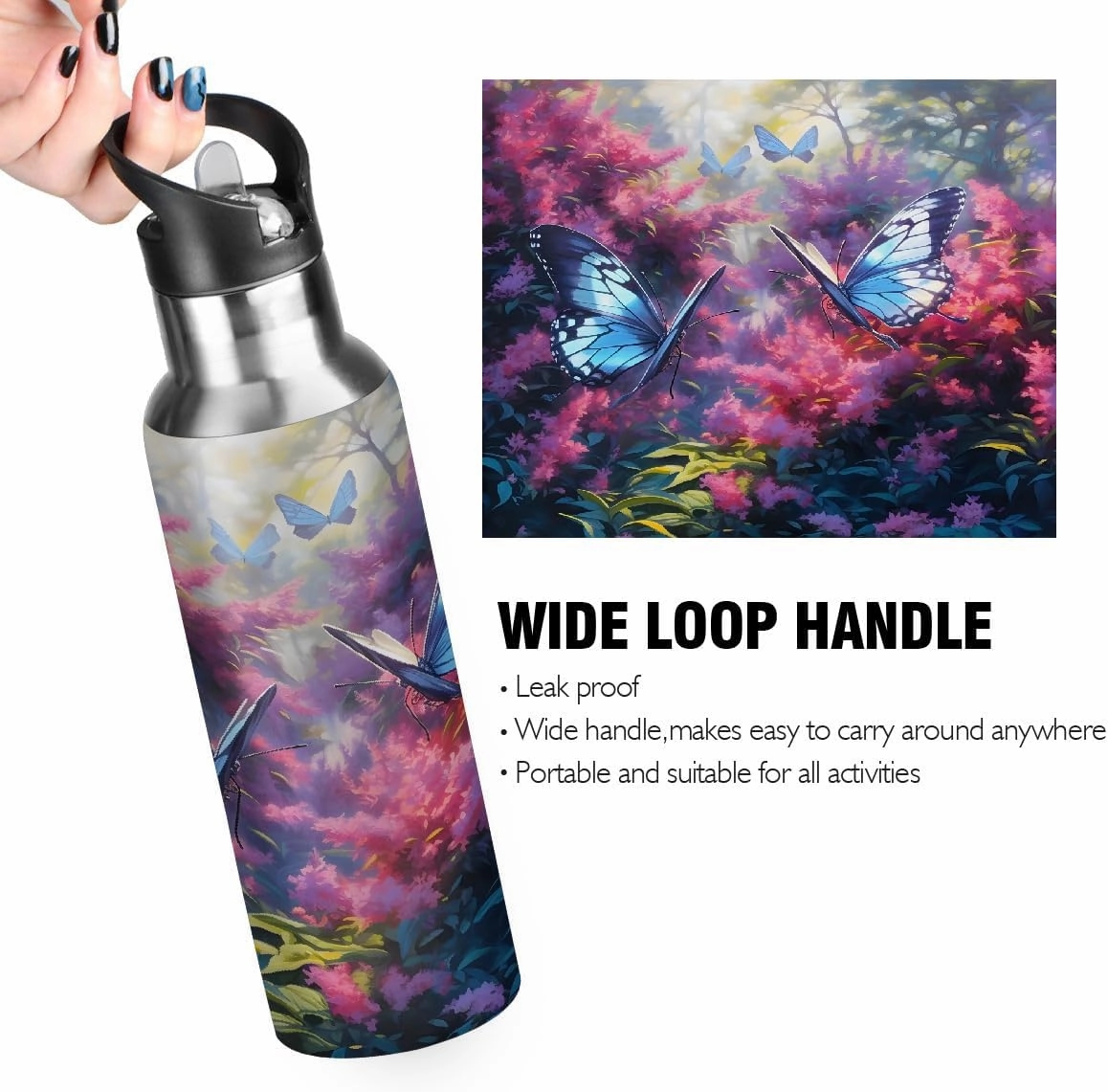 Water Bottle Stainless Steel, Blue Butterfly Pink Grass Insulated Sports Bottle with Straw, BPA Free Reusable Bottles for Fitness, Travel & Outdoor Activities