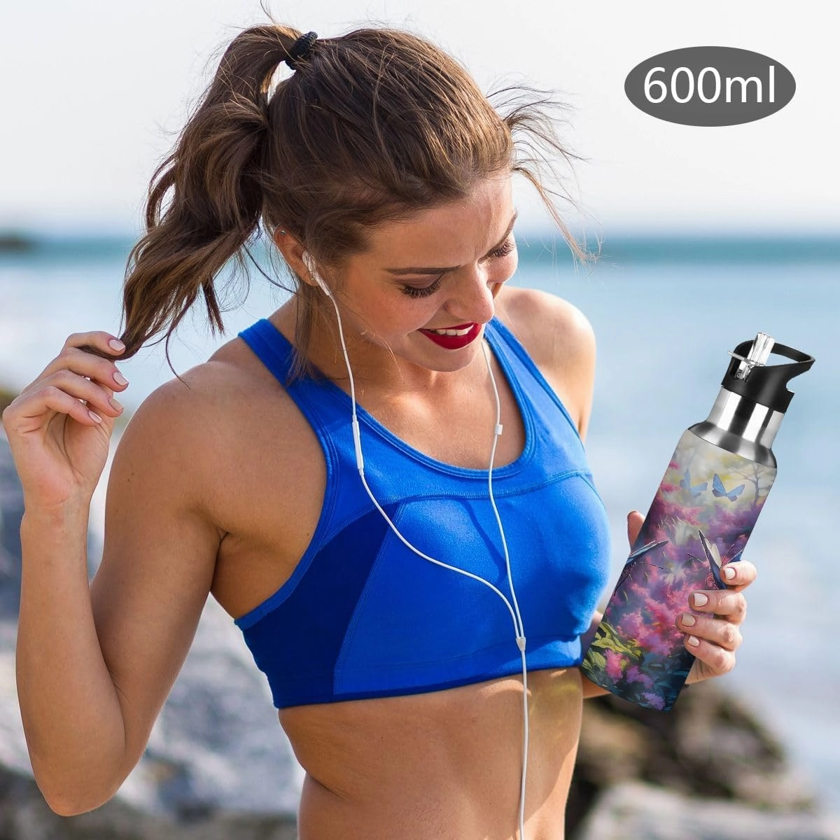 Water Bottle Stainless Steel, Blue Butterfly Pink Grass Insulated Sports Bottle with Straw, BPA Free Reusable Bottles for Fitness, Travel & Outdoor Activities