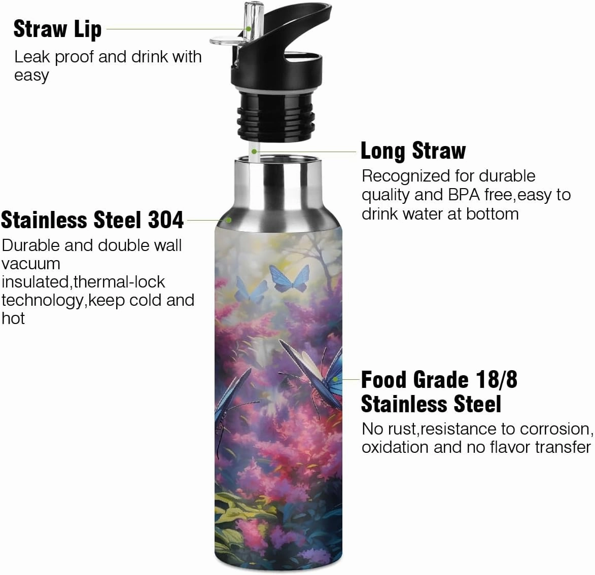 Water Bottle Stainless Steel, Blue Butterfly Pink Grass Insulated Sports Bottle with Straw, BPA Free Reusable Bottles for Fitness, Travel & Outdoor Activities