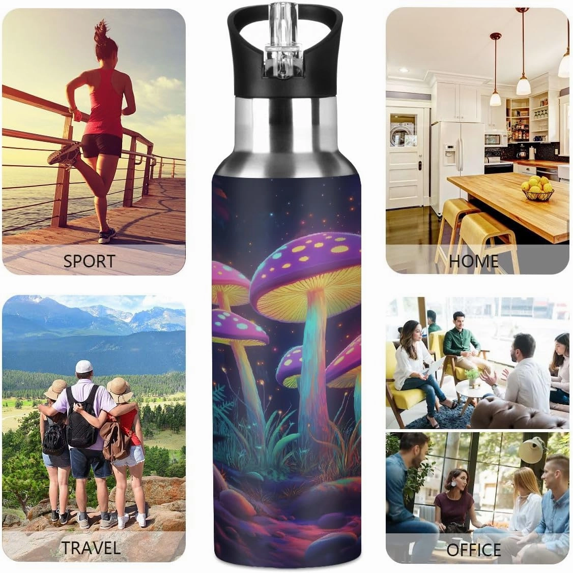Water Bottle Stainless Steel, Colorful Mushroom Insulated Sports Bottle with Straw, BPA Free Reusable Bottles for Fitness, Travel & Outdoor Activities
