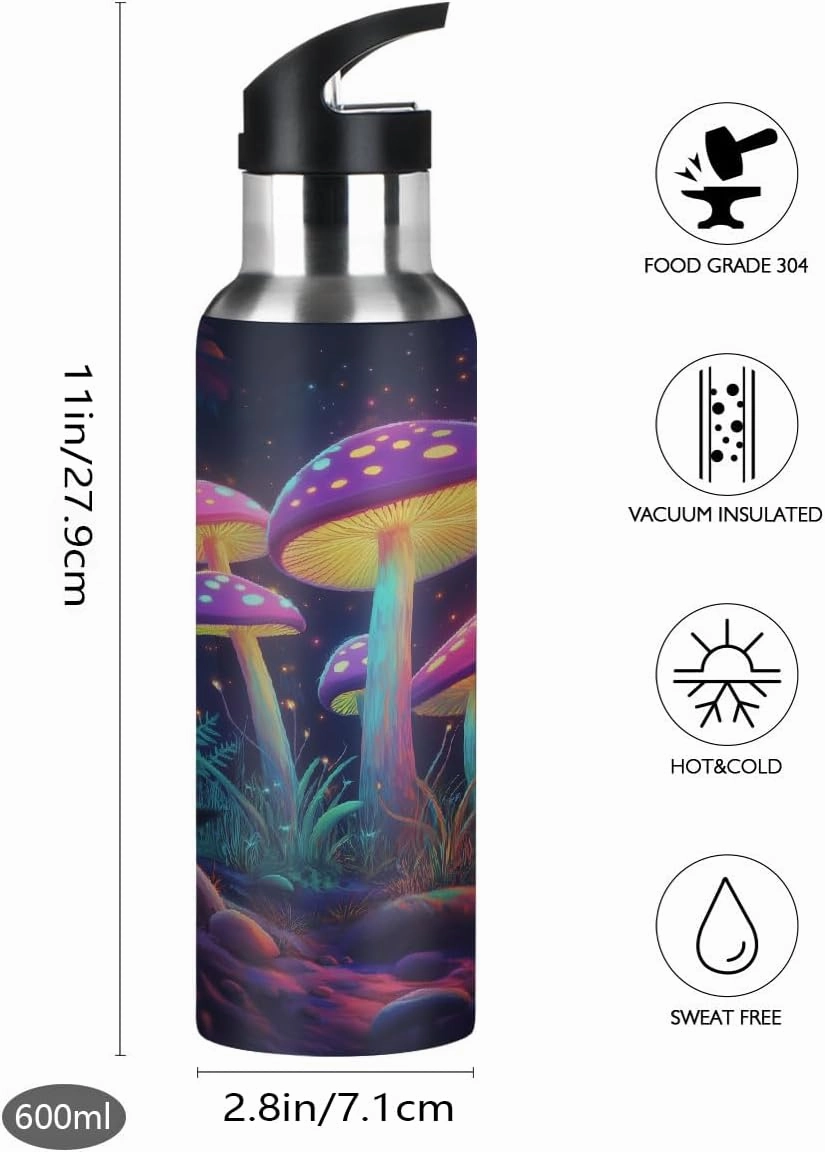 Water Bottle Stainless Steel, Colorful Mushroom Insulated Sports Bottle with Straw, BPA Free Reusable Bottles for Fitness, Travel & Outdoor Activities