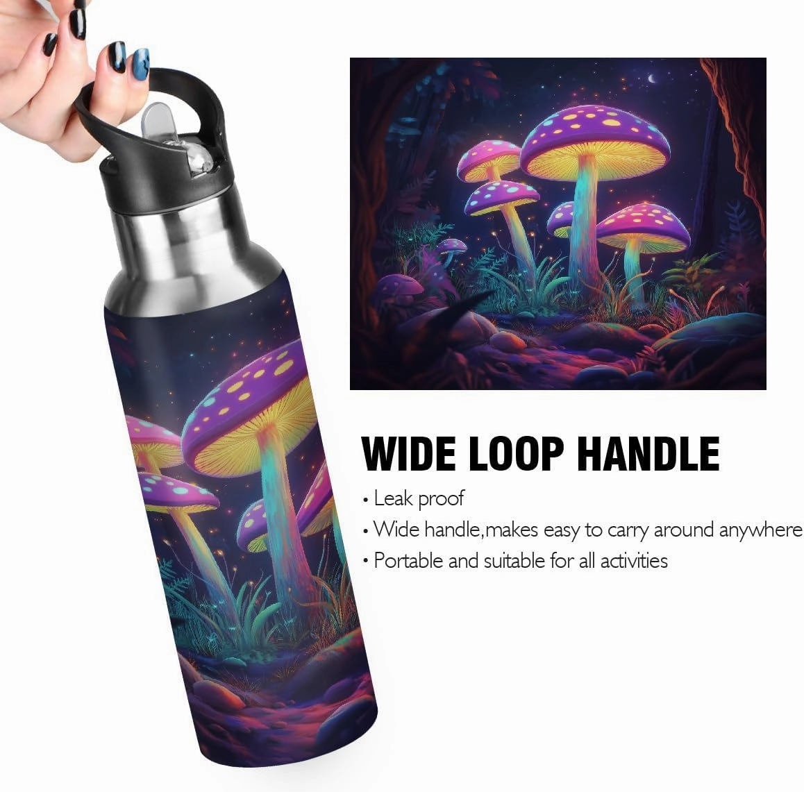 Water Bottle Stainless Steel, Colorful Mushroom Insulated Sports Bottle with Straw, BPA Free Reusable Bottles for Fitness, Travel & Outdoor Activities