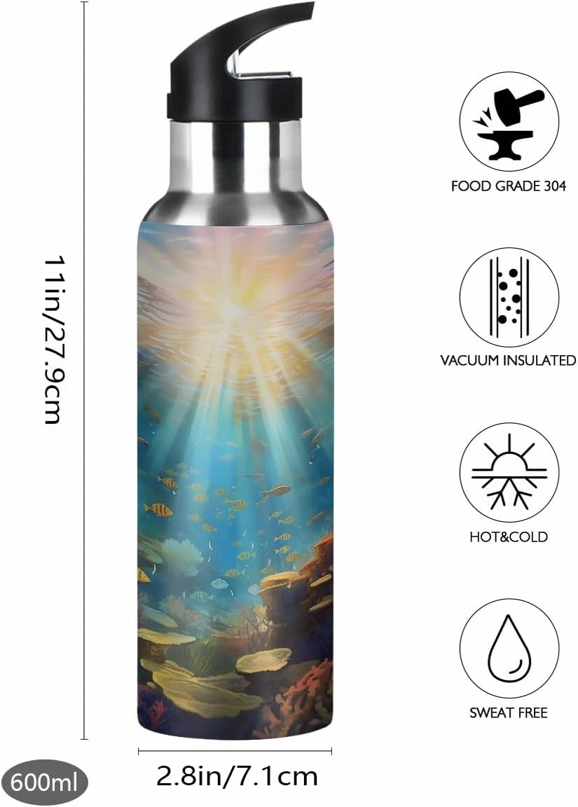 Water Bottle Stainless Steel, Ocean Underwater World Insulated Sports Bottle with Straw, BPA Free Reusable Bottles for Fitness, Travel & Outdoor Activities