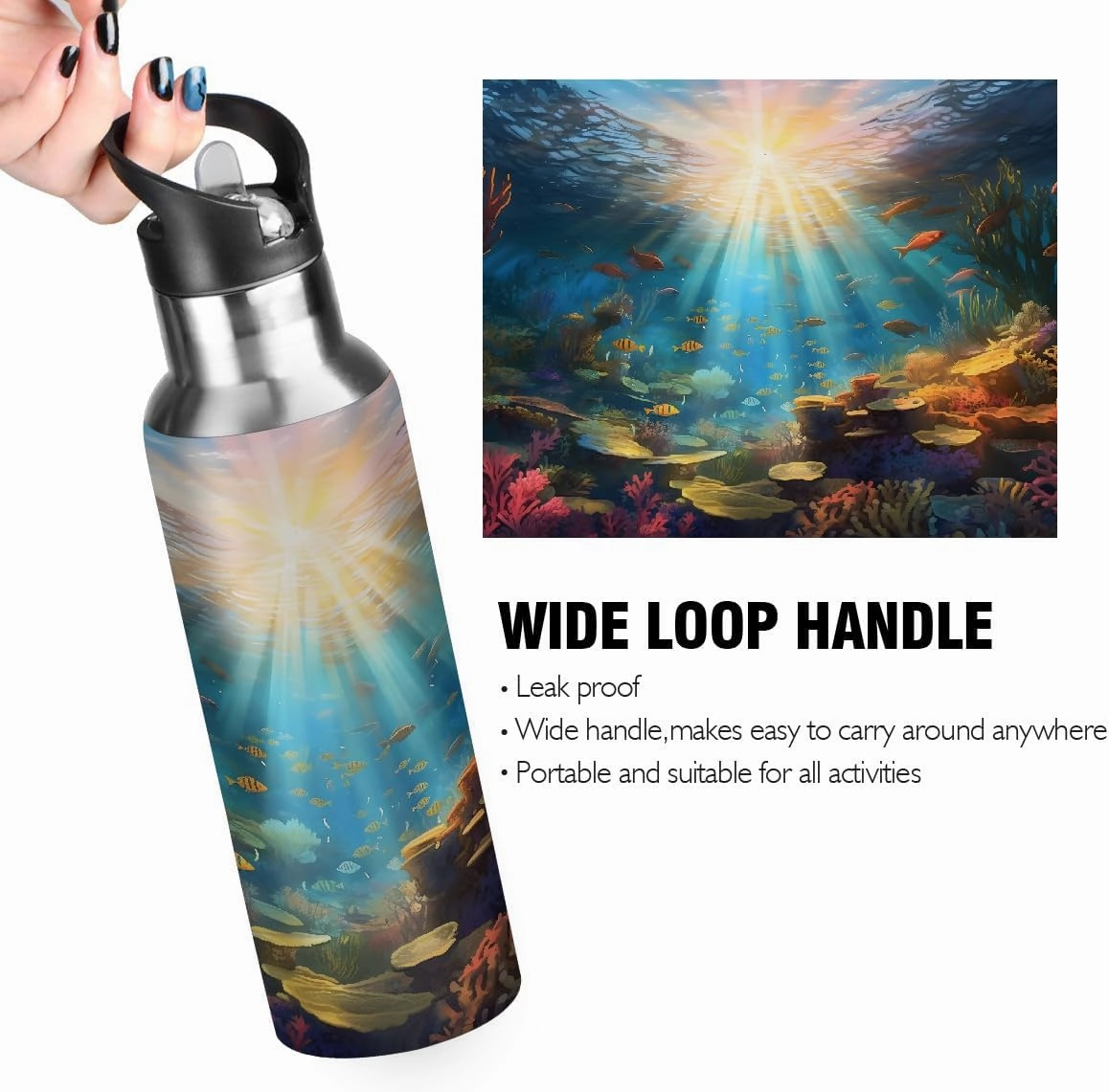 Water Bottle Stainless Steel, Ocean Underwater World Insulated Sports Bottle with Straw, BPA Free Reusable Bottles for Fitness, Travel & Outdoor Activities