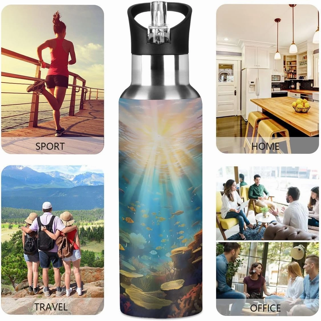 Water Bottle Stainless Steel, Ocean Underwater World Insulated Sports Bottle with Straw, BPA Free Reusable Bottles for Fitness, Travel & Outdoor Activities