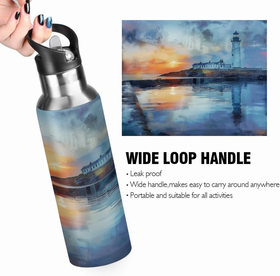 Water Bottle Stainless Steel, Painting Lighthouse River Sunset Insulated Sports Bottle with Straw, BPA Free Reusable Bottles for Fitness, Travel & Outdoor Activities