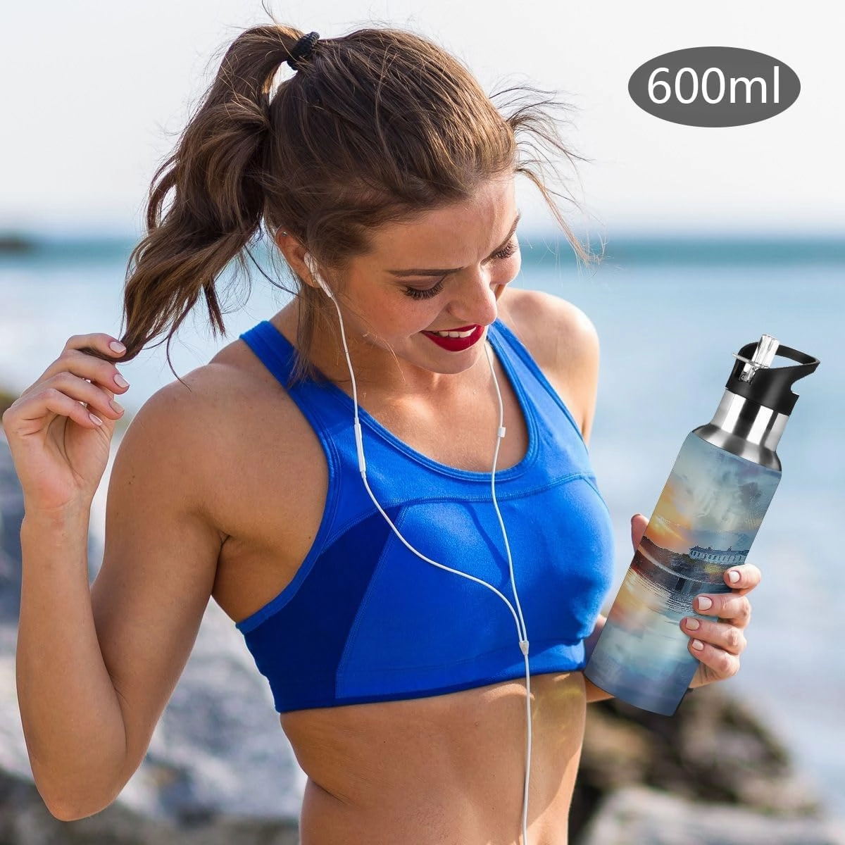 Water Bottle Stainless Steel, Painting Lighthouse River Sunset Insulated Sports Bottle with Straw, BPA Free Reusable Bottles for Fitness, Travel & Outdoor Activities