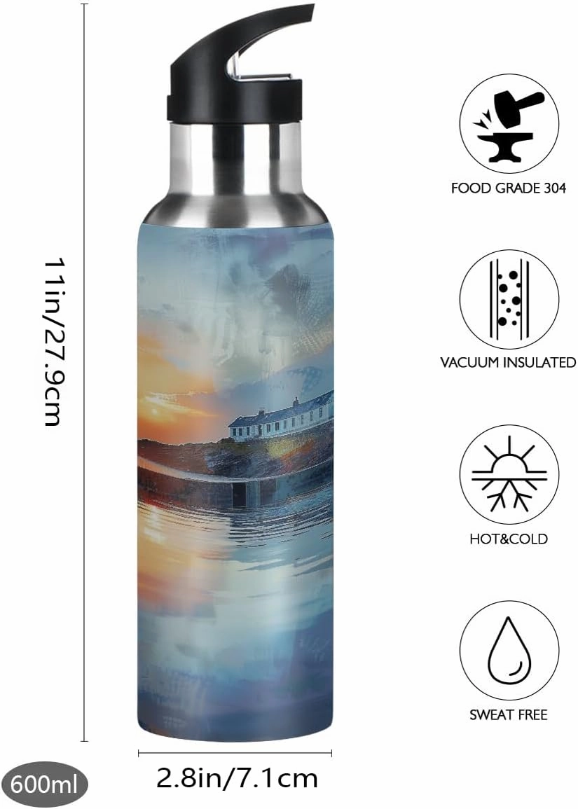Water Bottle Stainless Steel, Painting Lighthouse River Sunset Insulated Sports Bottle with Straw, BPA Free Reusable Bottles for Fitness, Travel & Outdoor Activities
