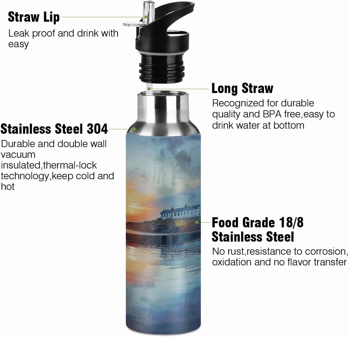 Water Bottle Stainless Steel, Painting Lighthouse River Sunset Insulated Sports Bottle with Straw, BPA Free Reusable Bottles for Fitness, Travel & Outdoor Activities