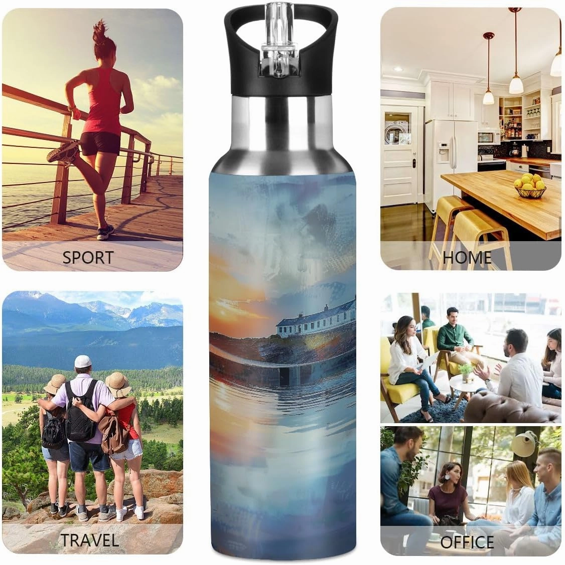Water Bottle Stainless Steel, Painting Lighthouse River Sunset Insulated Sports Bottle with Straw, BPA Free Reusable Bottles for Fitness, Travel & Outdoor Activities