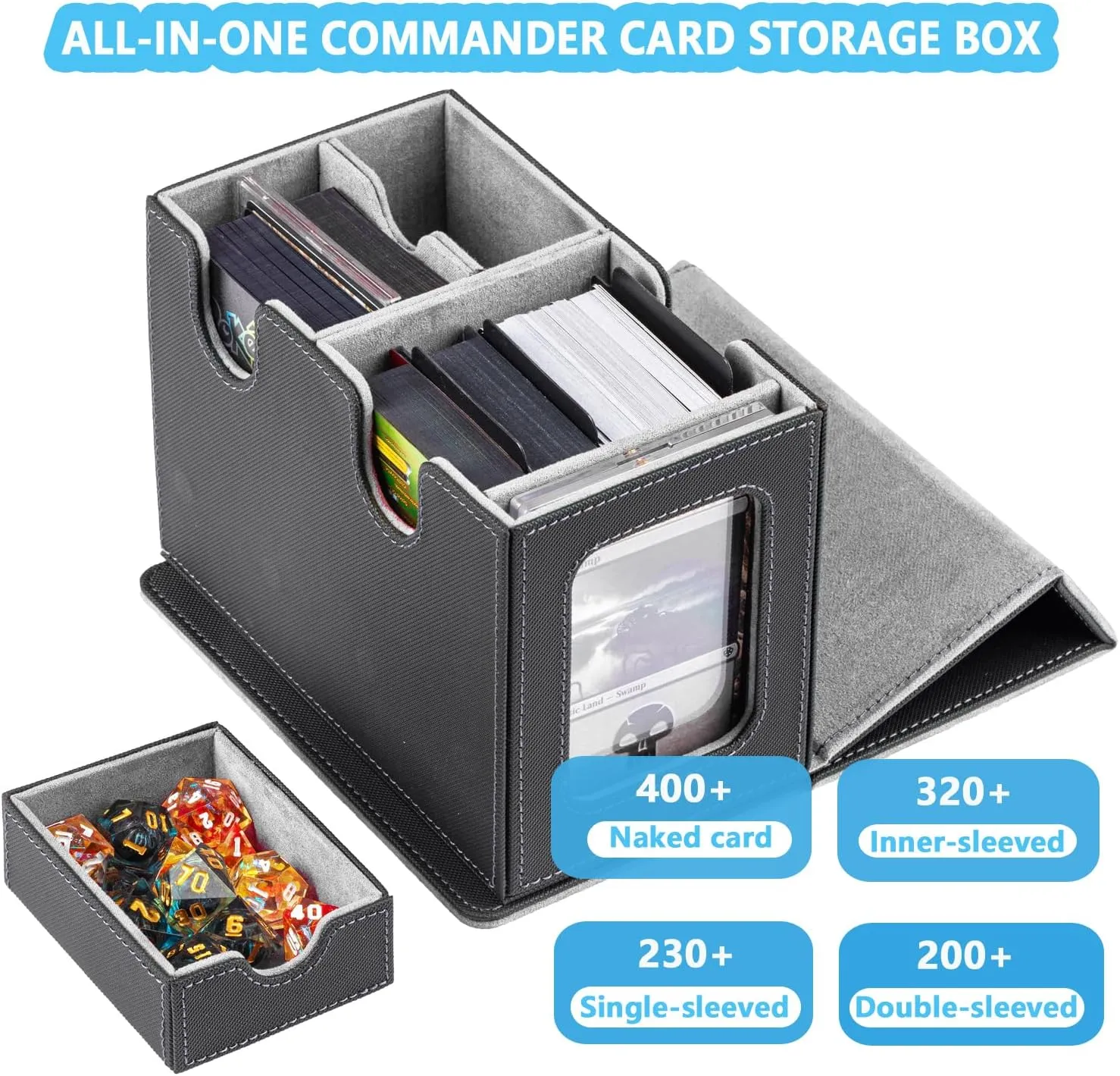 WELLMILLER MTG Deck Box for Commander with Dice Tray,Designed for MTG Commander Card Deck Box Fits 200  Double Sleeved Cards,Card Storage Box with 3 Dividers 2 card holder