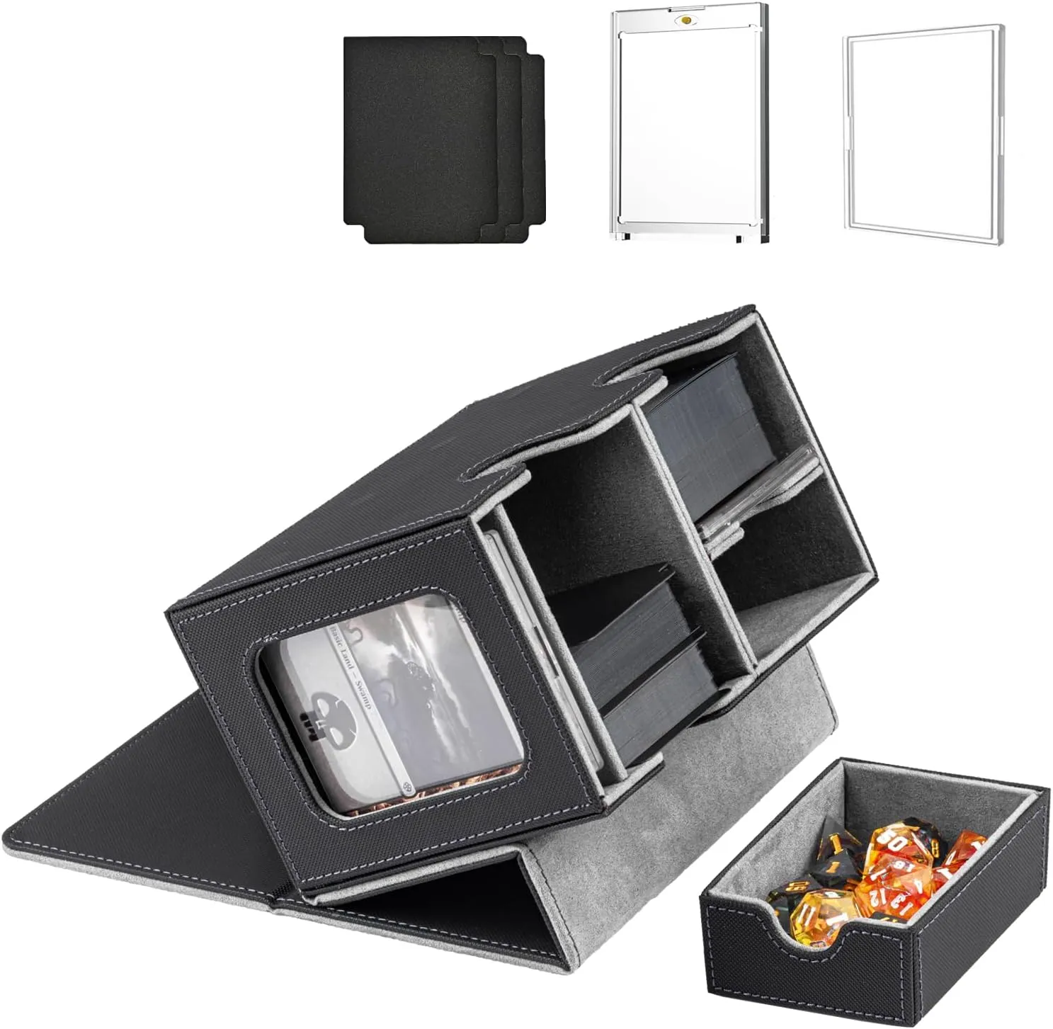 WELLMILLER MTG Deck Box for Commander with Dice Tray,Designed for MTG Commander Card Deck Box Fits 200  Double Sleeved Cards,Card Storage Box with 3 Dividers 2 card holder