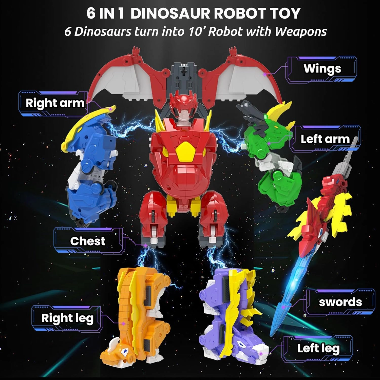 Wenbeier Robot Dinosaur Toy 6-in-1 Combined Large Robot Toys Take Apart Toys Including 6 Dinosaur Action Figures -Triceratops Deformation for Kids Ages 6 7 8 9