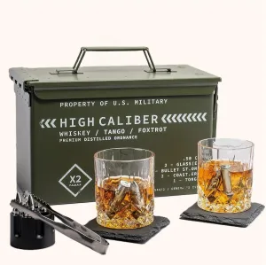 Whiskey Glasses and Stones in Unique Tactical Box Display | Bourbon Cocktail Cups, Coasters and Tongs | Gifts for Men | Glass Set