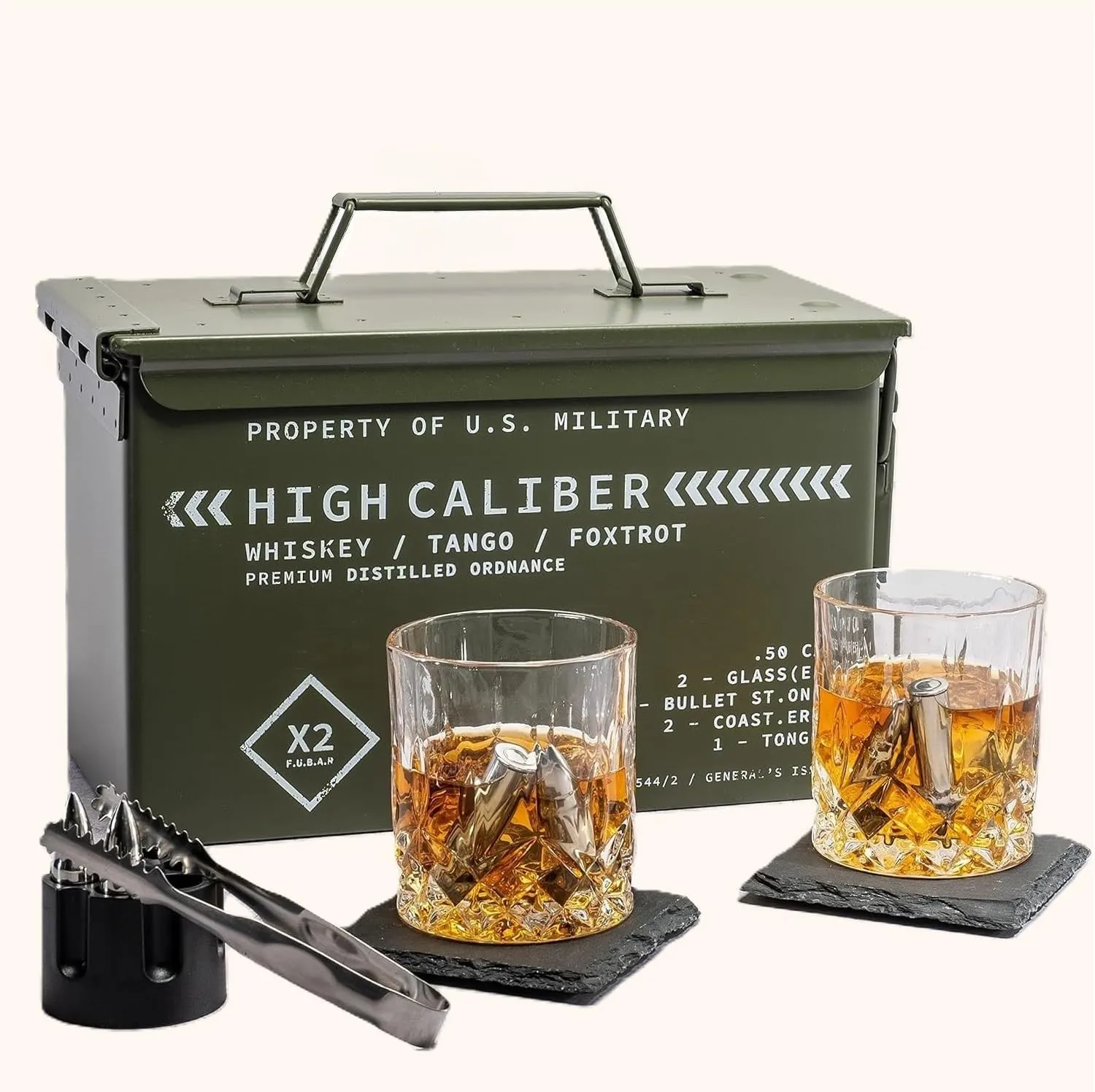 Whiskey Glasses and Stones in Unique Tactical Box Display | Bourbon Cocktail Cups, Coasters and Tongs | Gifts for Men | Glass Set
