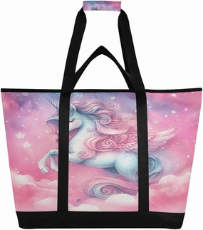 White Horse Pink Reusable Insulated Lunchbox Cooler Bag, Leakproof Kitchen Grocery Bag Collapsible Portable Cooler Tote Bag for Picnic, Camping, Office, Travel