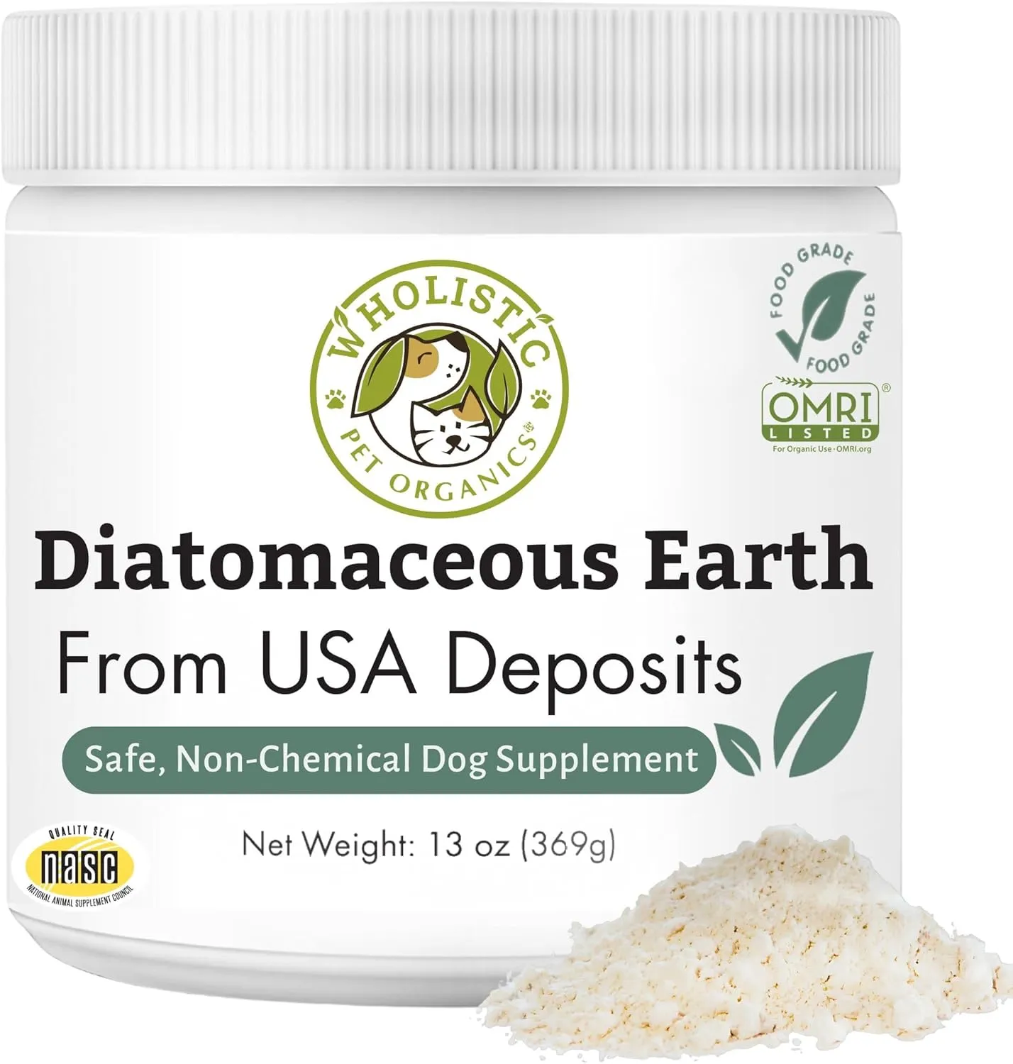 Wholistic Pet Organics DE for Dogs Organic Food Grade for Dogs - 13 Oz - Safe Non-Chemical Freshwater Silica Improves Overall Health