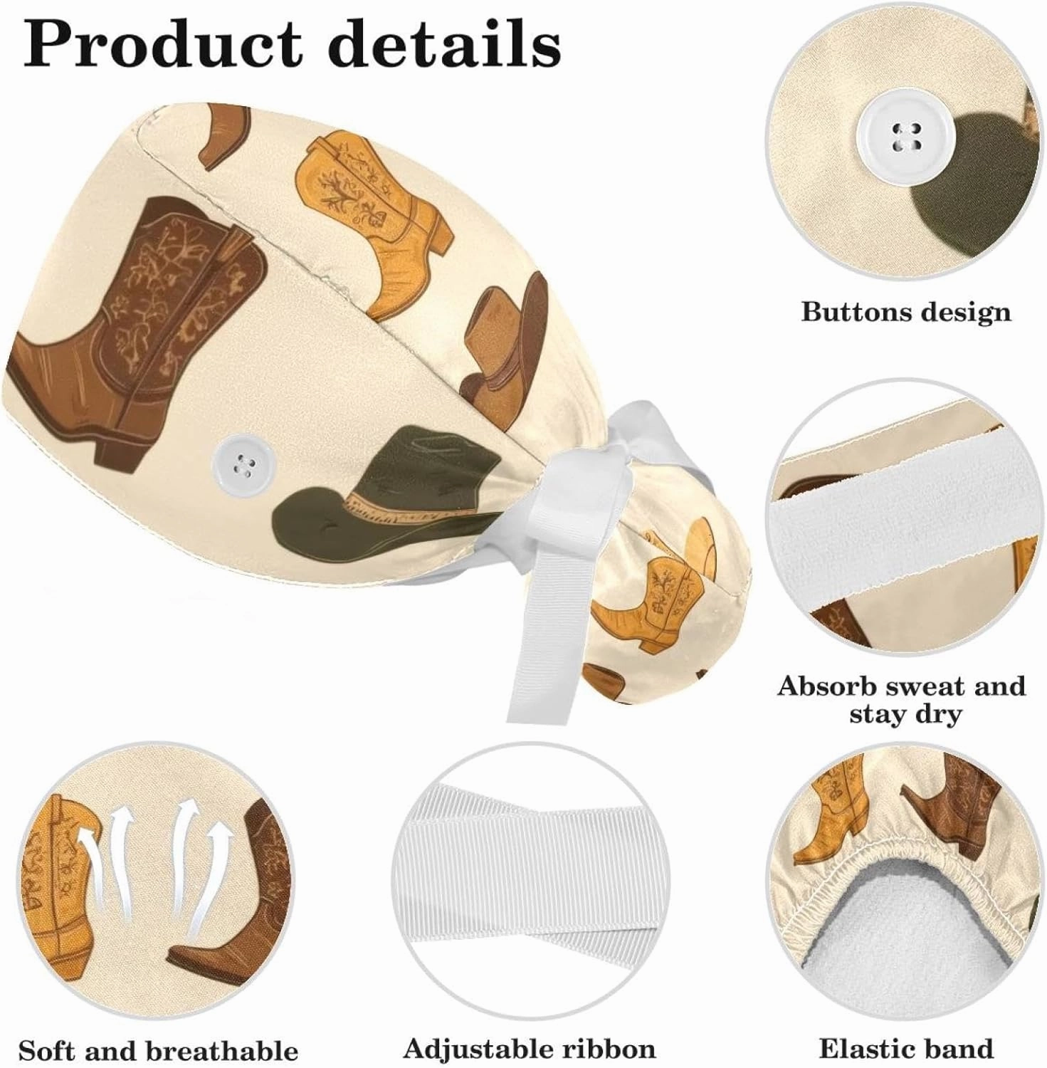Wild Cowboys Horses Surgical Cap Women, Adjustable Working Cap Ponytail Pouch, Nursing Hat with Buttons & Sweatbands